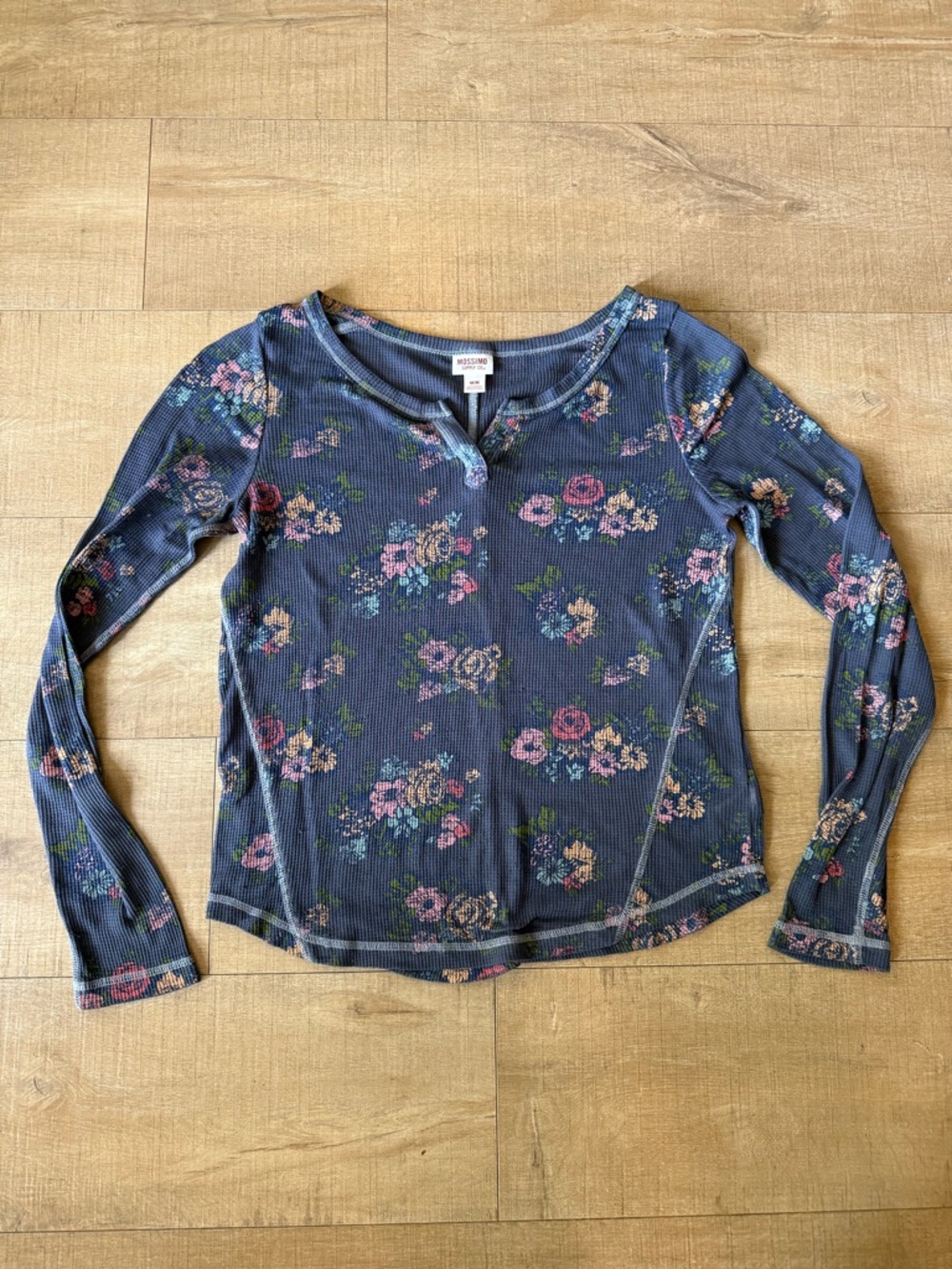 Mossimo tissue tee thin thermal Long Sleeve Top medium slate blue with florals